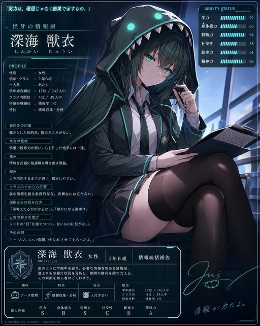 Anime-style female student with teal hair wearing a dark jacket with a shark hood, holding a clipboard and pen while sitting with crossed legs.