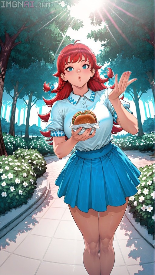 Anime-style Wendy from Pokémon with red twin braids and a blue skirt holding a burger and blowing a kiss in a sunny park.