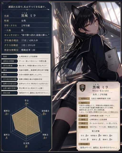 Anime-style character profile card of Kuroki Mira, a girl with long black hair and cat ears wearing a school uniform and holding a folder on stairs.