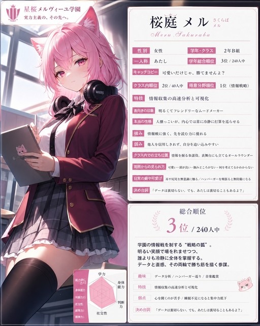 A vertical illustration of a pink-haired anime girl with fox ears wearing a maroon school uniform and holding a tablet, next to a detailed Japanese character profile card.