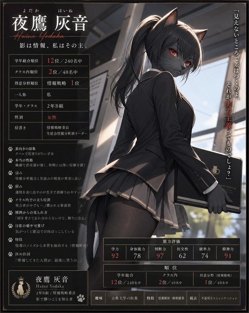 Vertical character profile card featuring Haine Yodaka, a grey-furred catgirl student in a black uniform holding a confidential folder, surrounded by Japanese statistics and rankings.