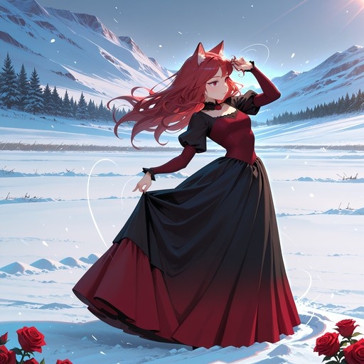 Anime character Imaizumi Kagerou with wolf ears and long red hair stands in a snowy mountain landscape, wearing a black and red dress with red roses in the foreground.