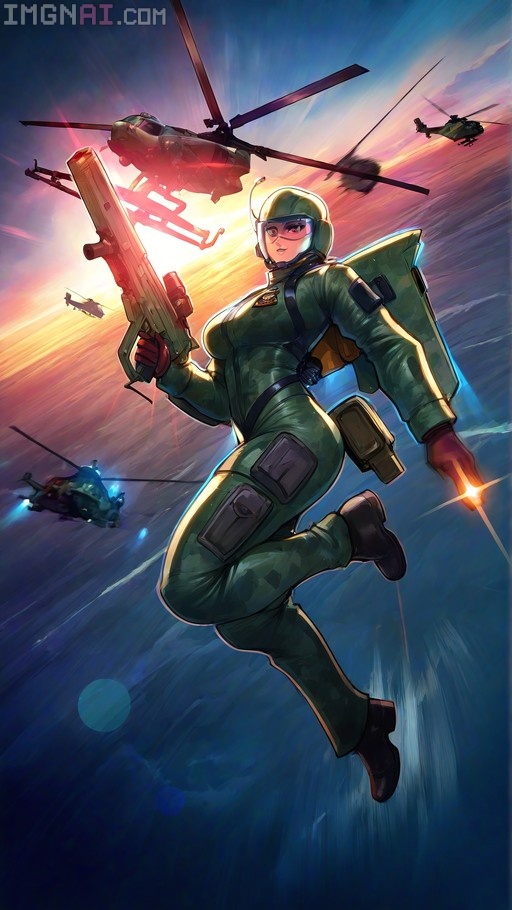 Female soldier in green flight suit flying with a jetpack and holding a gun near helicopters.