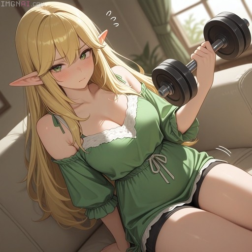 A blonde elf girl with green eyes and pointed ears sits on a couch in a green dress, holding a dumbbell and blushing.