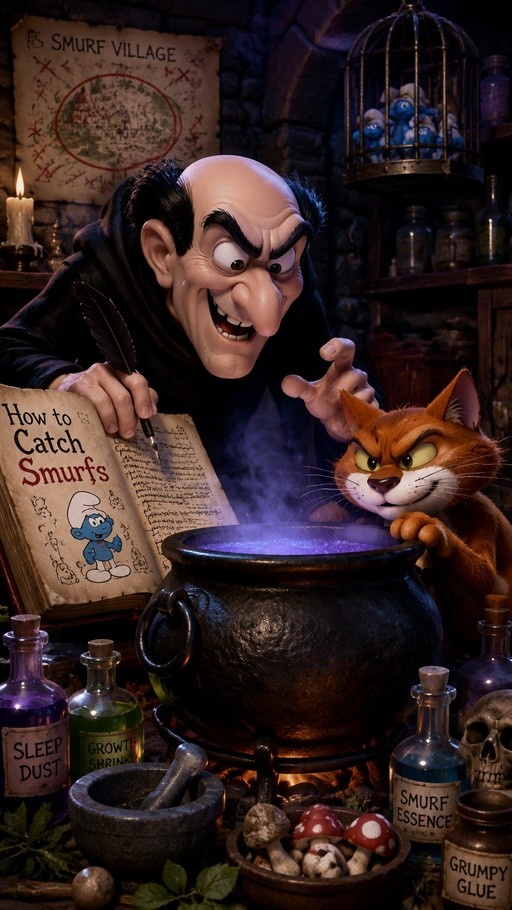 A 3D rendered image of Gargamel holding a quill over a book titled "How to Catch Smurfs" while his cat Azrael looks into a bubbling purple cauldron surrounded by potion bottles in a stone room.