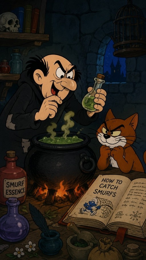 Gargamel holding a potion bottle next to Azrael in front of a bubbling cauldron, with a book titled How to Catch Smurfs on the table.