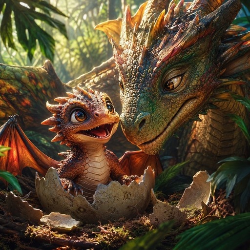A small orange baby dragon with wings smiles as it hatches from a cracked eggshell while an adult green-scaled dragon watches closely in a sunny forest.