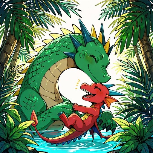 A large green dragon with blue horns affectionately nuzzles a small, laughing red dragon in a lush tropical jungle with palm trees and water.