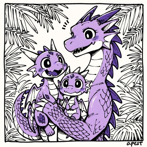 A large purple dragon smiles while embracing two smaller dragon cubs in a jungle setting with palm leaves.