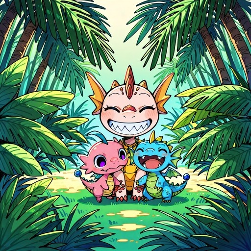 A cheerful group of three chibi-style Digimon creatures sitting together in a sunlit jungle. The central orange character laughs widely, flanked by smaller pink and blue dragon-like companions amidst green palm fronds.