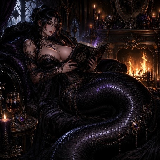 A digital illustration of a gothic lamia with long black hair and a large scaled tail sitting on an ornate chair, reading an open spellbook near a burning fireplace.