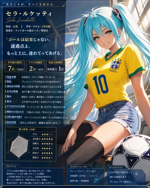 A female anime character with long blue twintails wearing a yellow Brazil soccer jersey and denim shorts sits next to a soccer ball on a profile card background.
