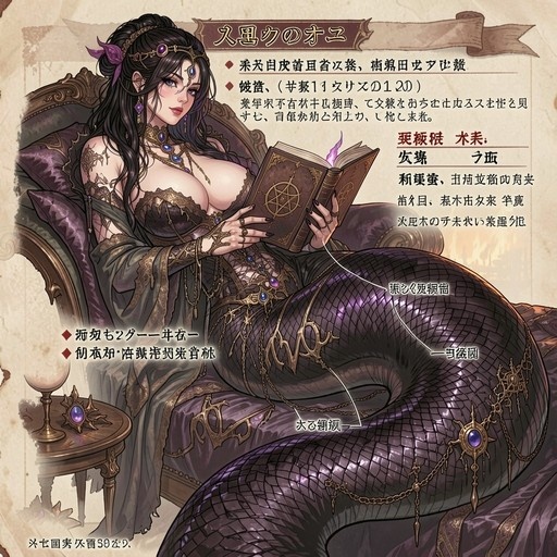 A digital illustration of a lamia monster girl with long black hair and purple eyes sitting on a chair while reading an open book with a pentagram symbol. She has snake scales for legs and wears elaborate gold jewelry.