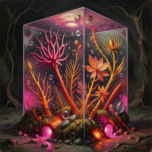 A glass cube containing colorful glowing plants and coral with rising bubbles, set against a dark background with twisted roots.