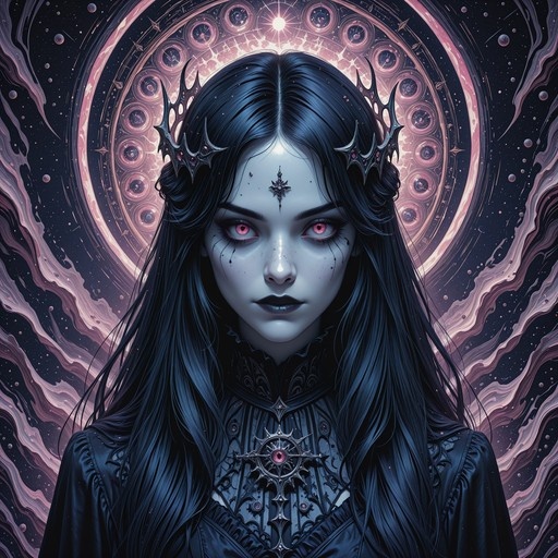 A portrait of a pale-skinned woman with long black hair and pink eyes wearing a spiky crown and ornate gothic dress against a cosmic background.