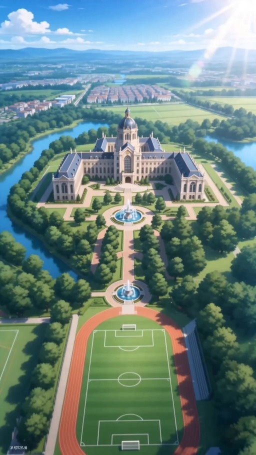 An anime intro sequence showing an elite football academy campus, followed by a blue-haired girl in a Brazil jersey dribbling and scoring a goal, concluding with her character profile card.