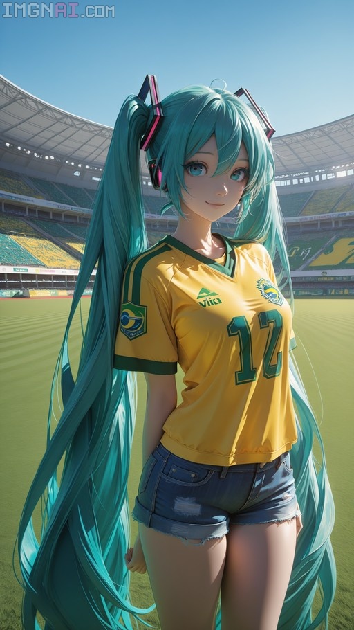 Hatsune Miku with long teal twin-tails wearing a yellow Brazil soccer jersey and denim shorts standing in a sunny football stadium.