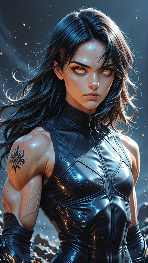 A muscular woman with long black hair and orange eyes wearing a shiny black bodysuit, featuring a tribal tattoo on her shoulder and floating embers in the background.