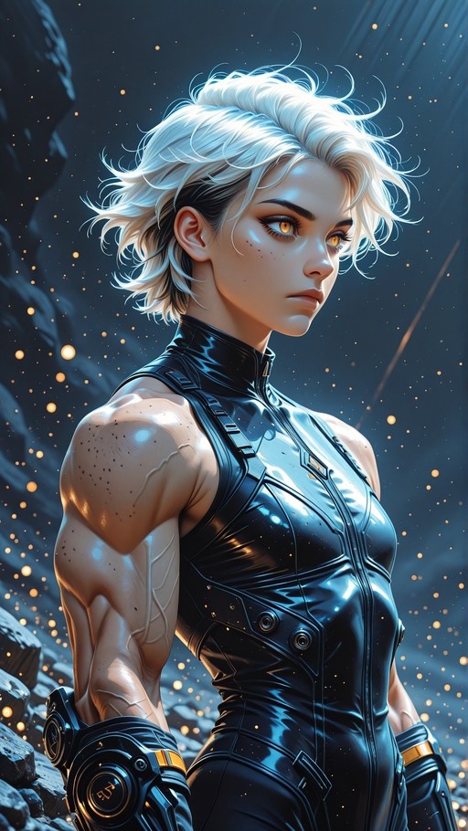 A muscular woman with short white hair and orange eyes wearing a black bodysuit and mechanical gauntlets standing among floating embers.