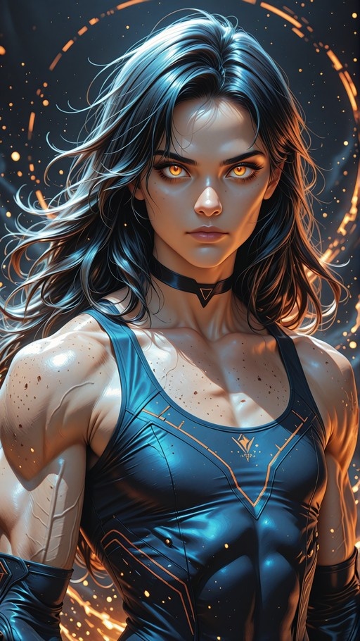 A muscular woman with long dark hair and glowing orange eyes wearing a shiny black bodysuit with gold trim, surrounded by floating sparks.