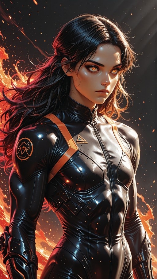 A digital portrait of a woman with long dark hair and orange eyes wearing a black bodysuit, surrounded by fire and embers.