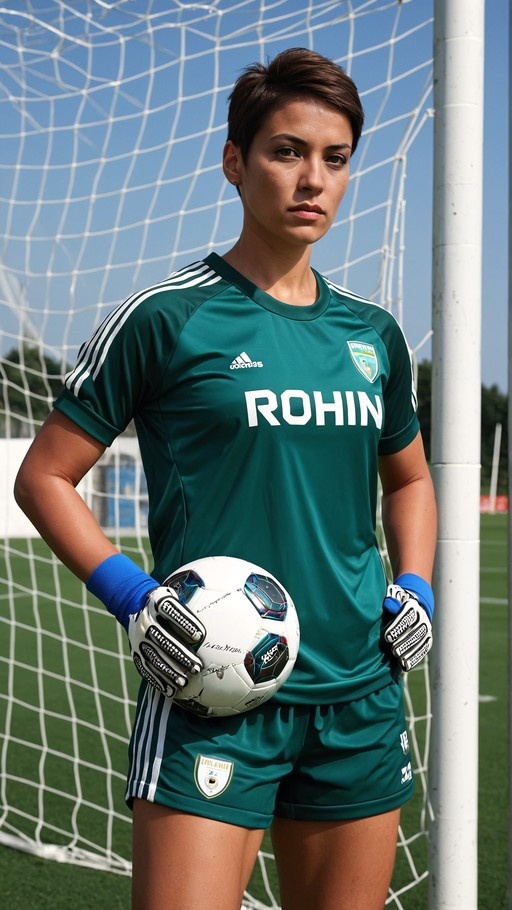 A female soccer goalkeeper with short brown hair wearing a green uniform and gloves holding a white soccer ball in front of a goal net.