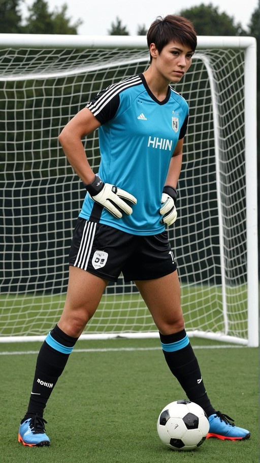 Soccer goalkeeper in blue uniform standing on field with ball