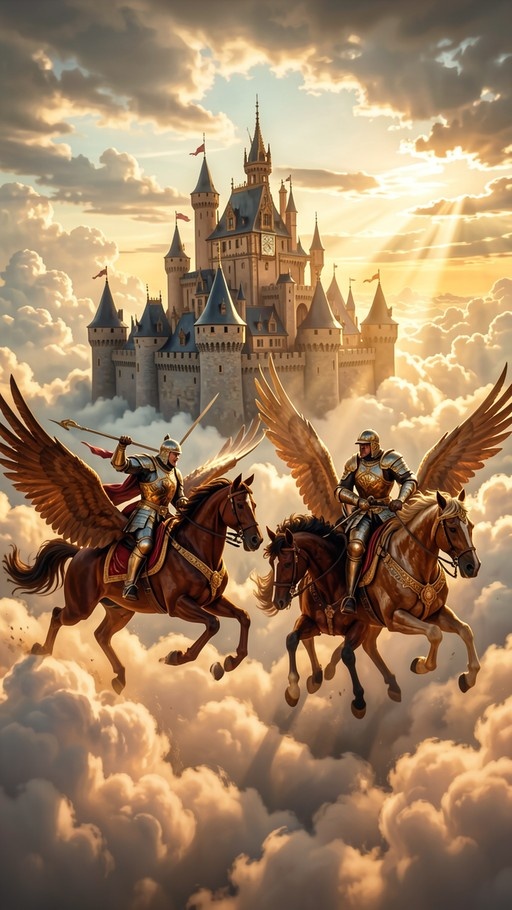 Two knights in golden armor riding winged brown horses through the clouds towards a large castle with blue spires under a sunny sky.