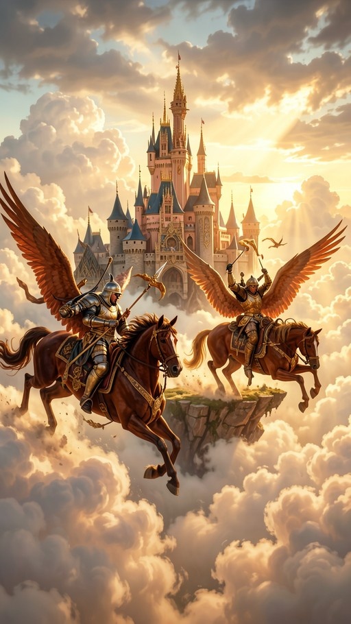 Two winged knights in armor riding flying horses through clouds with a large castle in the background.