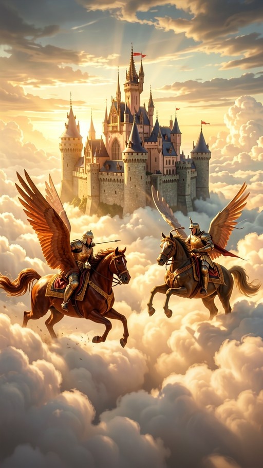 Two armored knights riding winged horses fly through clouds in front of a large castle with spires.
