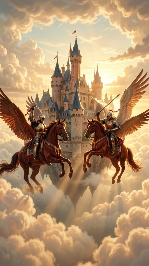 Two knights in full plate armor ride large brown horses with feathered wings through the clouds toward a pink and blue fantasy castle on a floating island.