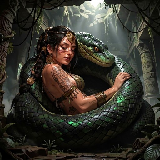 A tattooed dark-skinned woman in gold jewelry rests against a massive green snake coiled around her in sunlit stone ruins.