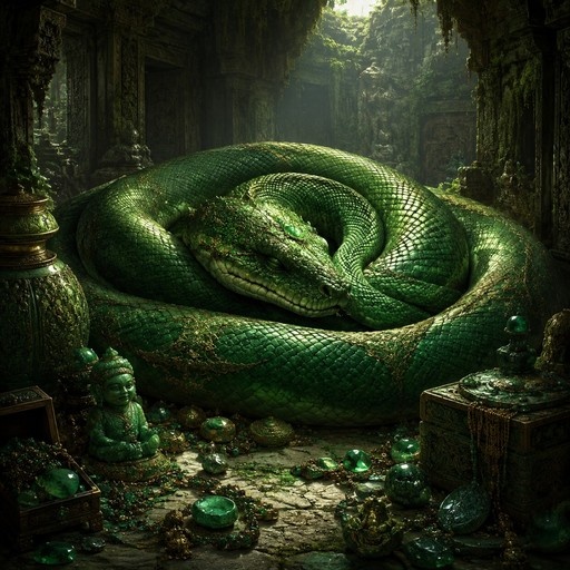 A sleeping giant emerald snake coiled among ancient ruins and scattered gems.