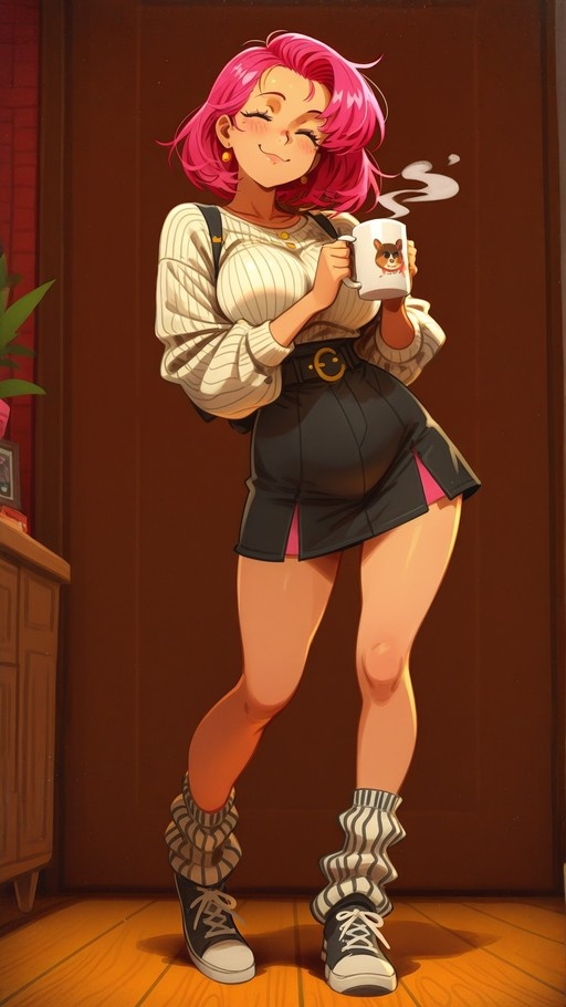 Full-body illustration of a smiling anime girl with short pink hair wearing a white sweater and black skirt while holding a steaming mug.