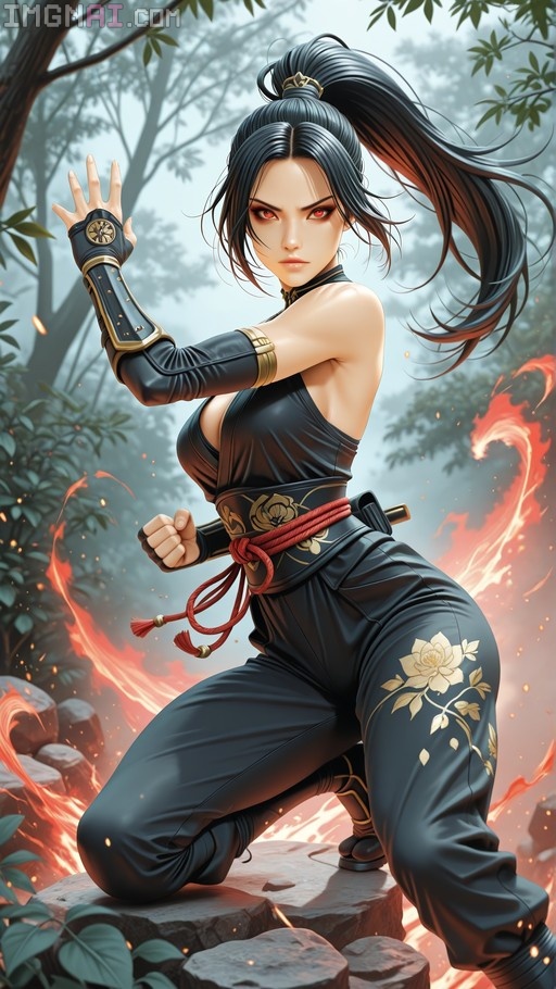 Momiji from Ninja Gaiden kneeling on a rock in a forest, surrounded by swirling flames, wearing a black ninja outfit with gold floral details and holding a fighting stance.