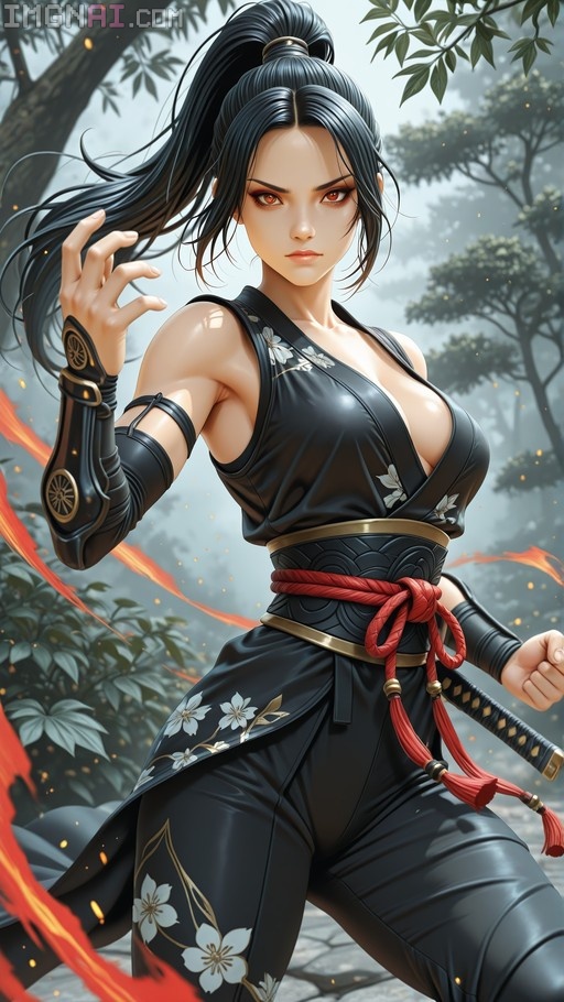 Momiji from Ninja Gaiden stands in a fighting stance wearing a black floral ninja outfit with a red belt and arm guards, holding a katana.