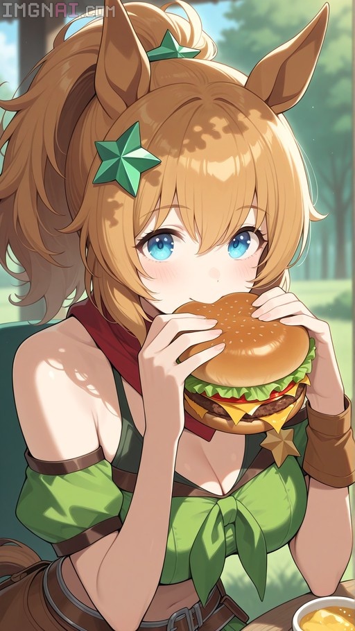 Anime-style horse girl with blonde hair and blue eyes holding a large burger.