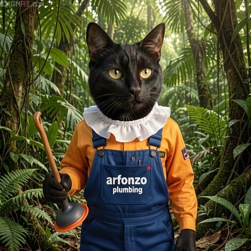 Anthropomorphic black cat in blue plumber overalls reading "arfonzo plumbing", standing in a lush green rainforest while holding a plunger.
