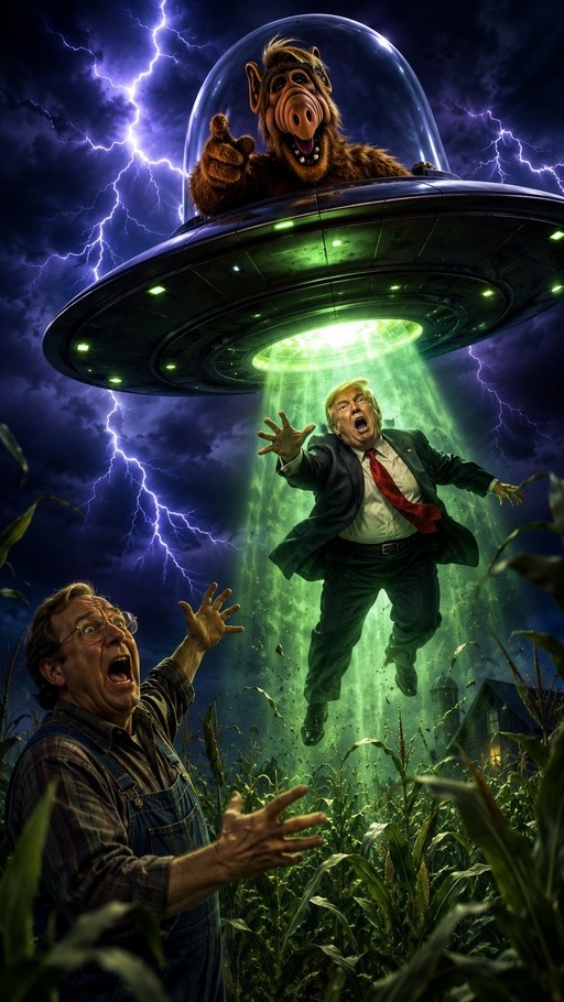 ALF in a UFO abducting Donald Trump while Al Bundy watches from a cornfield.