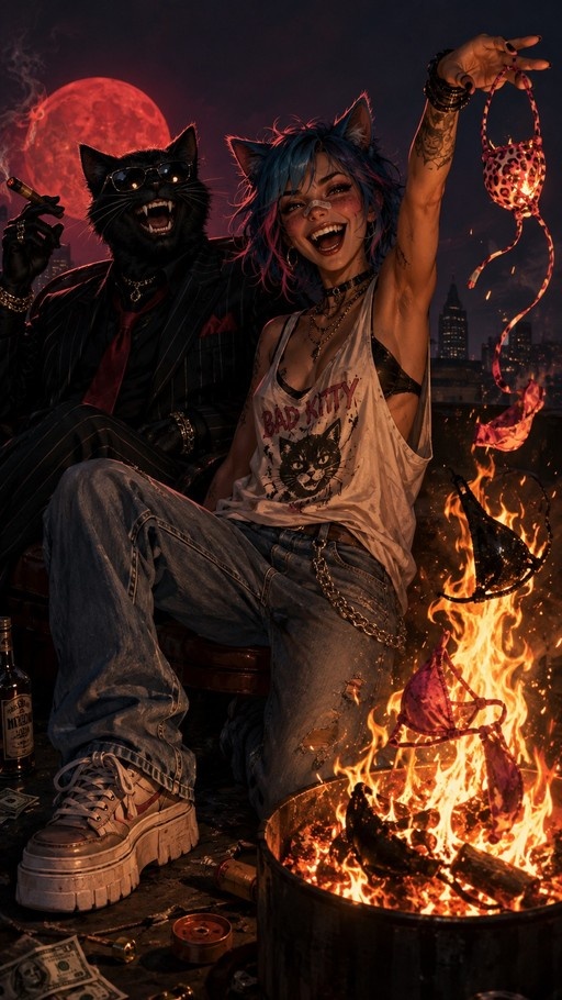 A blue-haired cat girl in a graphic tank top holds up a leopard-print bikini while sitting beside a burning fire barrel on a rooftop at night, accompanied by a laughing anthropomorphic black cat in a suit.
