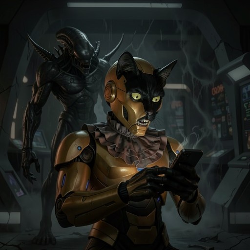A cyborg cat with gold armor and yellow eyes holds a smartphone while a large black alien monster looms in the background of a sci-fi corridor.