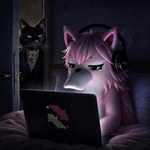 A pink-furred anthropomorphic wolf character wearing headphones lies in bed using a laptop, first observed by a black cat in a suit and later joined by a grey cat in knight armor.