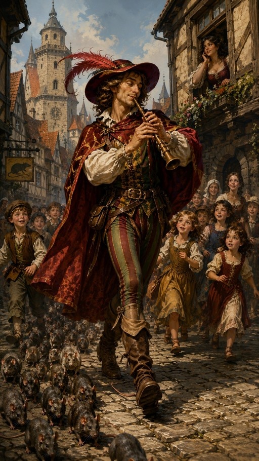 A man in a red cape and feathered hat plays a flute while leading a horde of rats and a group of children down a cobblestone street in a European town.