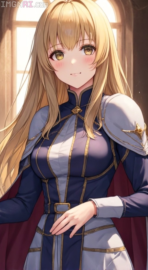 A smiling blonde anime girl with yellow eyes wearing a blue and white armored outfit with shoulder pads and a red cape stands near a window.