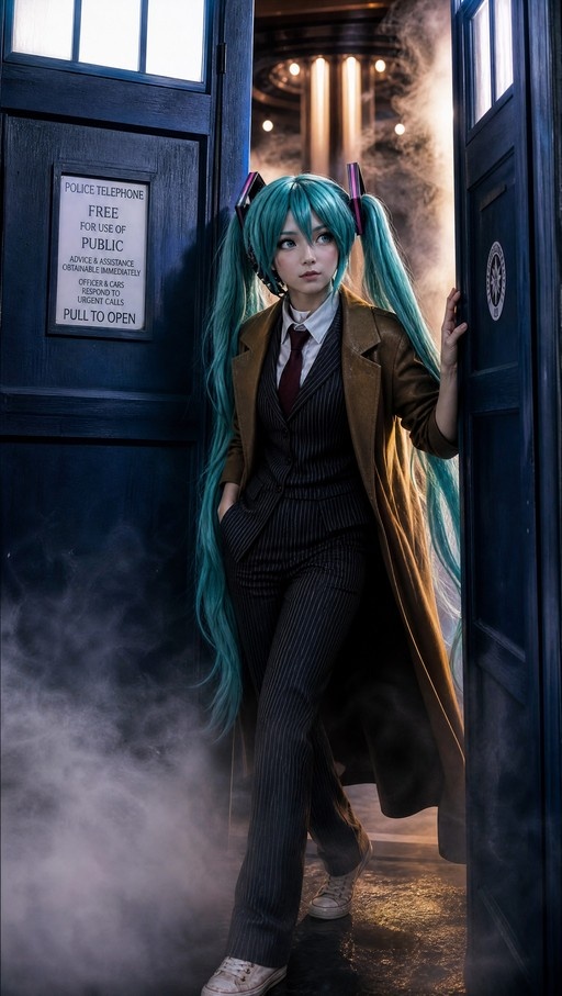 Hatsune Miku emerging from the TARDIS doorway wearing a brown coat and pinstripe suit amidst fog