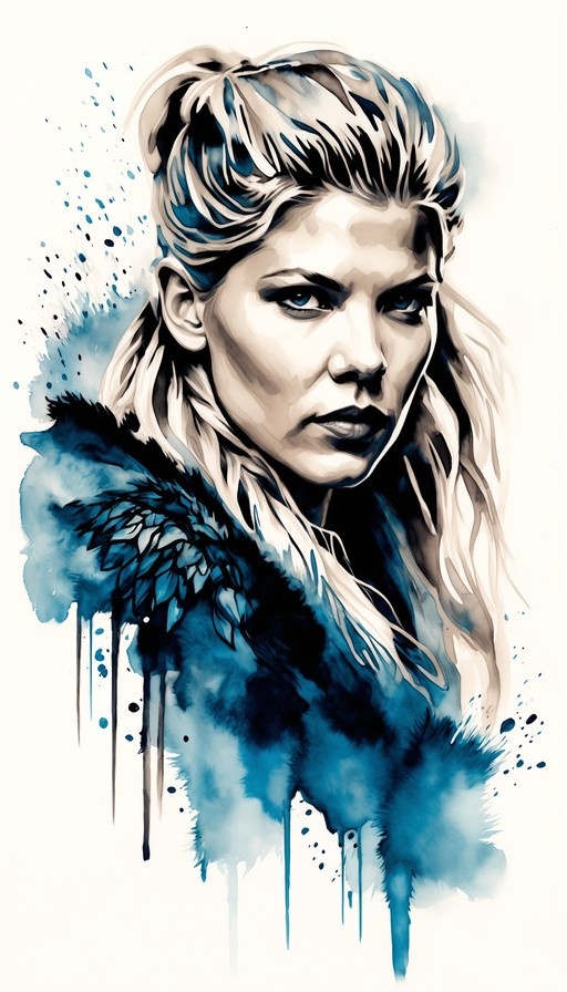 A watercolor style portrait of a young man with long blonde hair in a ponytail and blue eyes, wearing a fur-collared coat, surrounded by blue ink splatters on a white background.