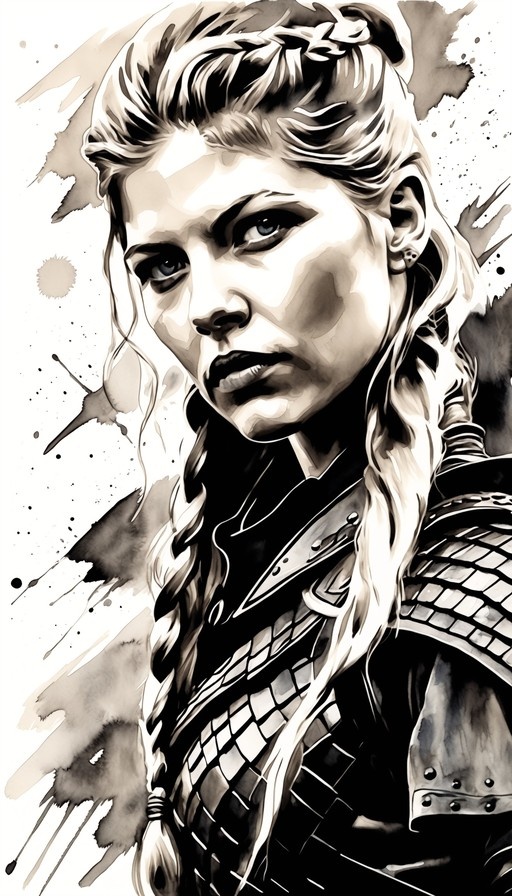 Monochrome ink portrait of a female warrior with braided hair wearing scale armor