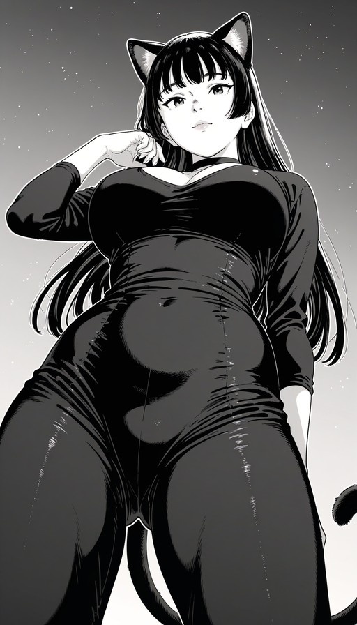 Monochrome manga illustration of a confident catgirl in a black bodysuit standing under a starry night sky.