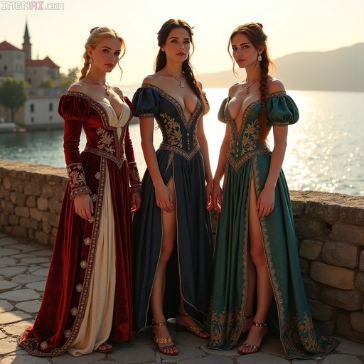 Three women in ornate red, blue, and green medieval gowns with gold embroidery standing on a stone path near water.