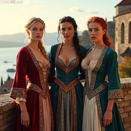 Three women with blonde, dark, and red hair wearing ornate historical gowns stand side-by-side on a stone terrace overlooking Lake Ohrid at sunset.